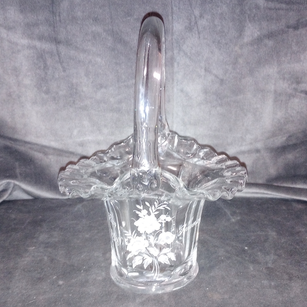 Vintage Fenton Glass Ruffle Edge Basket w Flowers & Happy 25th Anniversary EUC